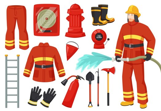 Cartoon firefighter character with fire fighting equipment and tools. Fireman uniform, hydrant, fire alarm, extinguisher, firehose vector set. Emergency service for safety and protection