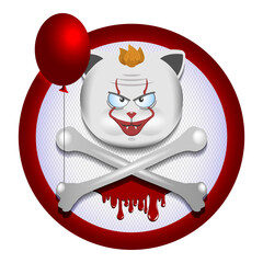 The head of a fat blond cat in the make-up of a scary clown, red balloon and crossbones. Horrible cosplay. Blood streaks in a circle. Sticker or badge