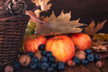 Still life of fruits and berries on a wooden table