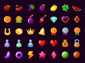 Cartoon gui game icon, mobile gaming app interface elements. Magic potions, heart, money bag, fruits, casino slot machine app icon vector set. Application isolated elements for entertainment - obrazy, fototapety, plakaty