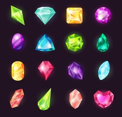 Cartoon gemstones, magic crystals, jewel stone, precious gems. Shiny magical stones for game design, diamond gem, jewelry crystal vector set. Multicolor objects of different shapes for gui game - obrazy, fototapety, plakaty