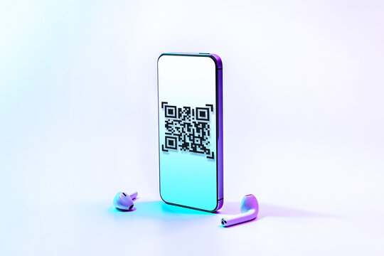 Pay qr code. Mobile smartphone screen for payment, online pay, scan barcode with qr code scanner on digital smart phone on neon background. Business and technology concept. - Powered by Adobe