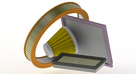 Automotive air filter spare parts for maintenance, 3D illustration on white background