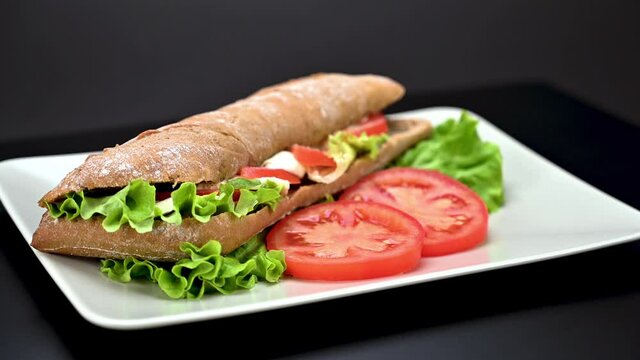 Close up video of tasty vegetarian caprese panini sandwich in a plate on dark background