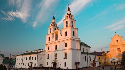 Fototapeta na wymiar Minsk, Belarus. Cathedral Of The Holy Spirit During Sunset Time. Historic Area Nemiga.
