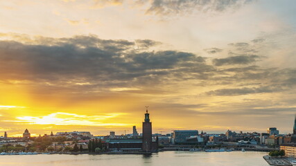 Stockholm, Sweden. Skyline Cityscape Famous View Of Old Town Gamla Stan In Summer Evening. Famous Popular Destination Scenic UNESCO World Heritage Site. Popular City Hall, Riddarholm Church In Sunset.