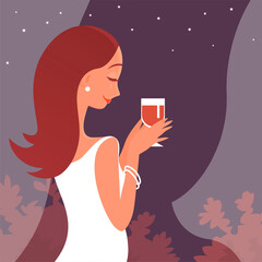 Beautiful young woman with a glass of red wine. Alcoholic grape drink. Enjoys rest against the background of the starry sky. Elegant clothes. Vector cartoon illustration