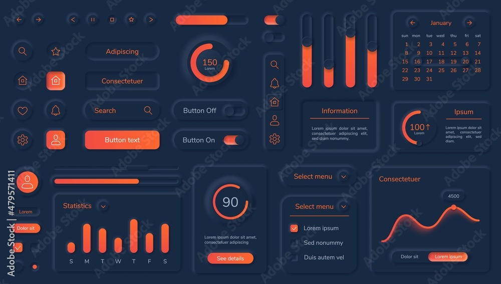 Poster dark neumorphic user interface elements with neon buttons and bars. black neumorphism style dashboar