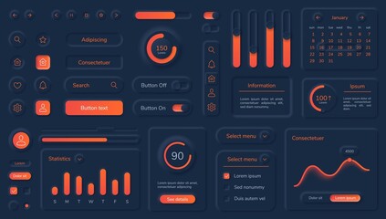 Dark neumorphic user interface elements with neon buttons and bars. Black neumorphism style dashboard design, mobile app ui kit vector set. Different charts, week statistics template - obrazy, fototapety, plakaty