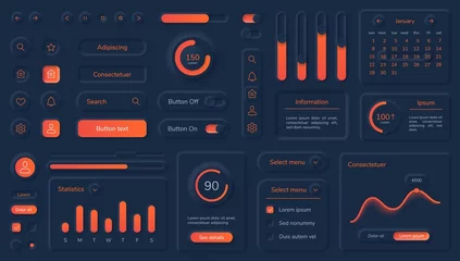 Fotobehang Dark neumorphic user interface elements with neon buttons and bars. Black neumorphism style dashboard design, mobile app ui kit vector set. Different charts, week statistics template © Frogella.stock