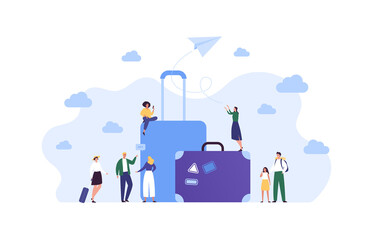 Tourism and global travel concept. Vector flat people illustration. Group of different people with luggage and backpack on baggage background. Suitcase and plane symbol.