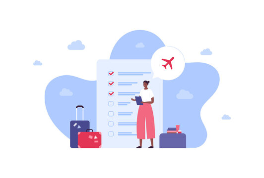 Tourism and air plane travel concept. Vector flat people illustration. African female tourist with document in hands on checklist background. Luggage, airplane, suitcase symbol.