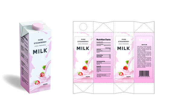 Strawberry Milk Product Packaging Design Template With 3d Mockup Example. Healthy, Modern, Strawberry, Milk Gradient, Watercolor. Box Packaging, Labeling, Die Line, Die-cut, Alignment Line.
