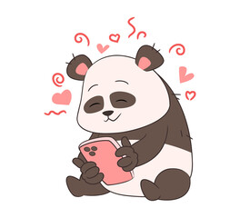 Valentine's day, cute panda with hearts and flowers, writes love sms by mobile phone, animal figurine for design and print. Vector illustration in cartoon flat style