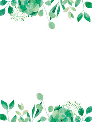 Watercolor botanical invitation template with eucalyptus, succulent, ruscus and other trendy greenery for greeting cards, invitations and wedding. Ready to use card design.	