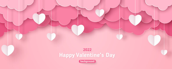Happy Valentine's day sale header or voucher template with white hanging hearts. Poster or banner with pink paper cut clouds. Place for text.