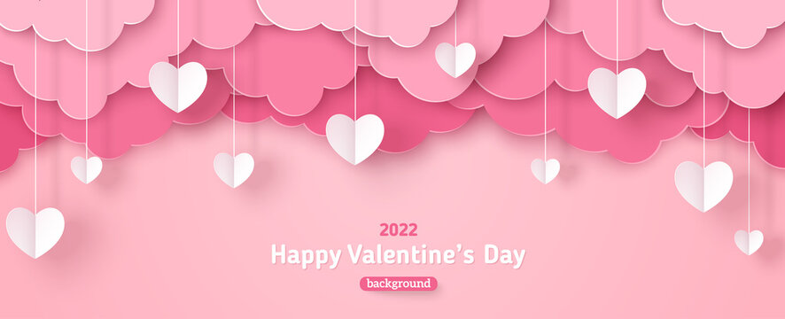 Happy Valentine's day sale header or voucher template with white hanging hearts. Poster or banner with pink paper cut clouds. Place for text.