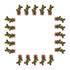 Square frame of сacti and flowers in flower pots on white background. Doodle style. Vector image.
