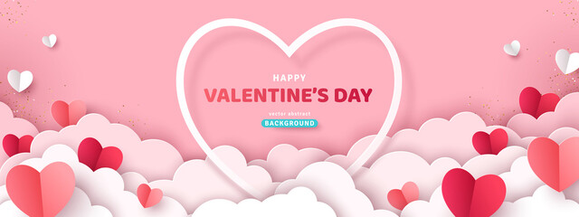 Fototapeta Happy Valentine's day poster or voucher. Beautiful paper cut white clouds with white heart frame on pink background. Vector illustration. Papercut style. Place for text obraz