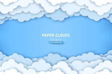 Beautiful cotton clouds, white frame border on blue sky background. Vector illustration. Paper cut style. Place for text