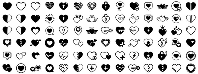 Fototapeta premium Black Icons of hearts. Design of modern heart stickers. romance, love, couples in love. Valentine's day. Buttons for social networks, websites, posters, banners, landing pages. Vector illustration.