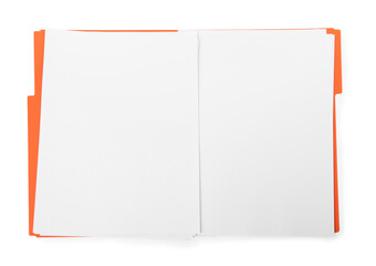 Orange file with blank sheets of paper isolated on white, top view. Space for design