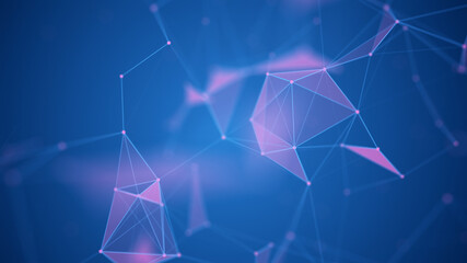 Network connection. Abstract technological blue background. Visualization of big data. Moving dots and lines that create geometric shapes. 3d rendering.