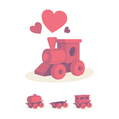 Toy train and hearts. Falling in love, emotions and feelings metaphor. Abstract little locomotive, railway tank, platform and wagon drawing in cartoon style. Part of set.