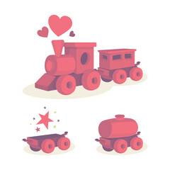 Toy train with stars and hearts. Love, inspiration, fillings and emotions metaphor. Abstract little locomotive, railway tank, platform and wagon drawing in cartoon style. Part of set.