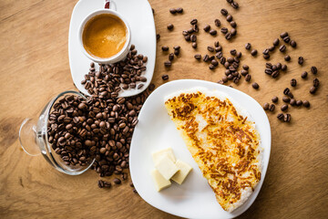 
Delicious Coffee BeansBakery Patisserie  Cheese Tapioca Food Menu Gourmet Sweet on a wooden table