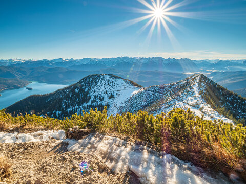 Hiking Path along the Herzogstand Mountain with view to the Heimgarten peak and the Karwendel mountain chain