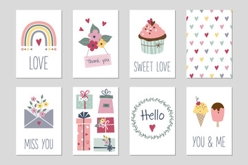 Valentine day greeting cards, gift tags. Hand drawn vector design elements. Heart, cupcake, rainbow, flowers, letter, gift box, wreath, ice cream. Hello. Love.