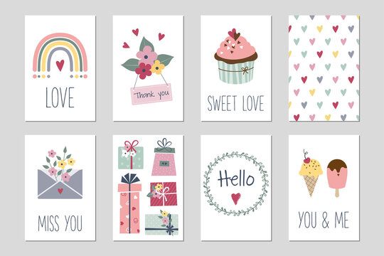 Valentine day greeting cards, gift tags. Hand drawn vector design elements. Heart, cupcake, rainbow, flowers, letter, gift box, wreath, ice cream. Hello. Love. - Powered by Adobe