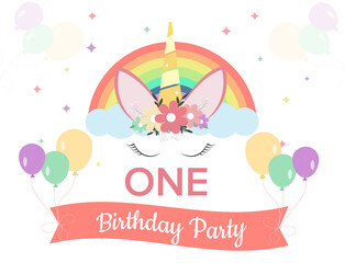Birthday party invitation card with unicorn and balloons. One.