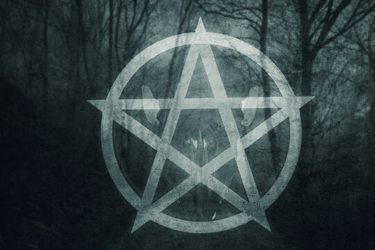A horror concept of a double exposure of a pentagram. With an animal skull and dark scary forest in the background. With a grunge edit
