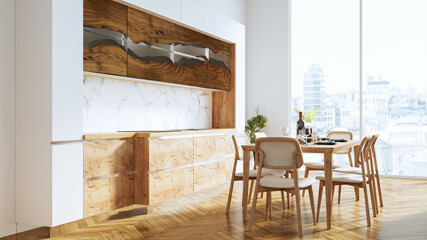 Modern stylish kitchen interior, room with wooden floor, table and sofa. 3D rendering