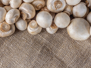 Raw mushrooms on the background of burlap with a copy of the space