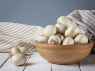Raw mushrooms in a plate on a gray background with a copy of the space