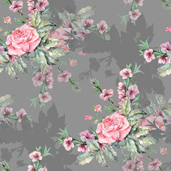 Aquarell Strauß Rosen mit Blumen Sakura. Frühlingsverzierung. Nahtloses Muster mit grauem Hintergrund.
