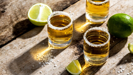 Mexican tequila with lime and salt on rustic black background. space for text. luxury drink....