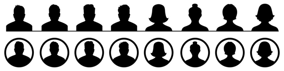 Human Head Silhouettes Set - Different Men And Women Vector Illustrations - Isolated On White Background