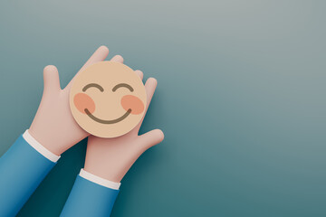 Hand holding  paper cut happy smile face, Positive thinking, Mental health assessment, World mental health day concept, 3d rendering illustration	 - obrazy, fototapety, plakaty