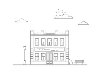 City landscape with old historical house. Old architecture. Vector line art illustration. Urban city landscape. Isolated vector illustration. Outline house, architecture. 