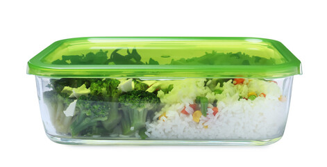 Tasty rice with vegetables in glass container isolated on white