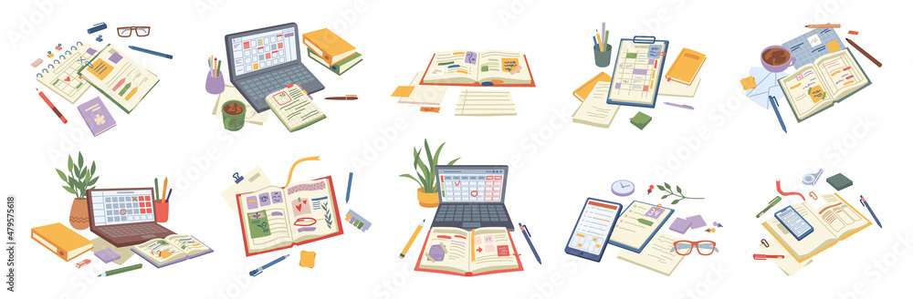 Poster calendars and schedule, planners and organizers for work. isolated laptop and textbook, notebook wit