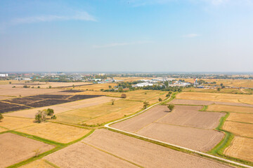 Aerial top view of fresh paddy rice, green agricultural field in countryside or rural area in Asia. Nature landscape background.
