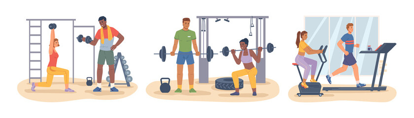 Fototapeta Cardio and lifting exercises for people in gym, working out and keeping fit. Man with barbell and dumbbell, lady on bike and male on running on treadmill. Active lifestyle vector in flat style obraz