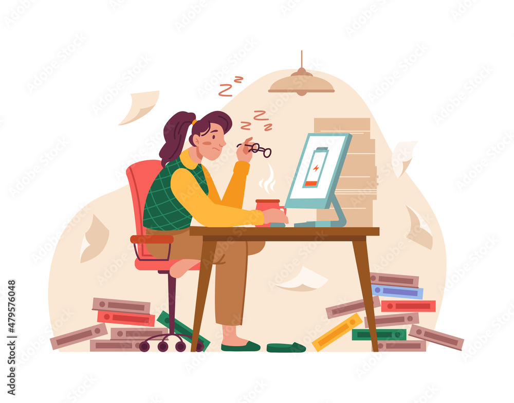Poster work burnout, tired female worker sitting at table with computer, low battery on screen display. vec