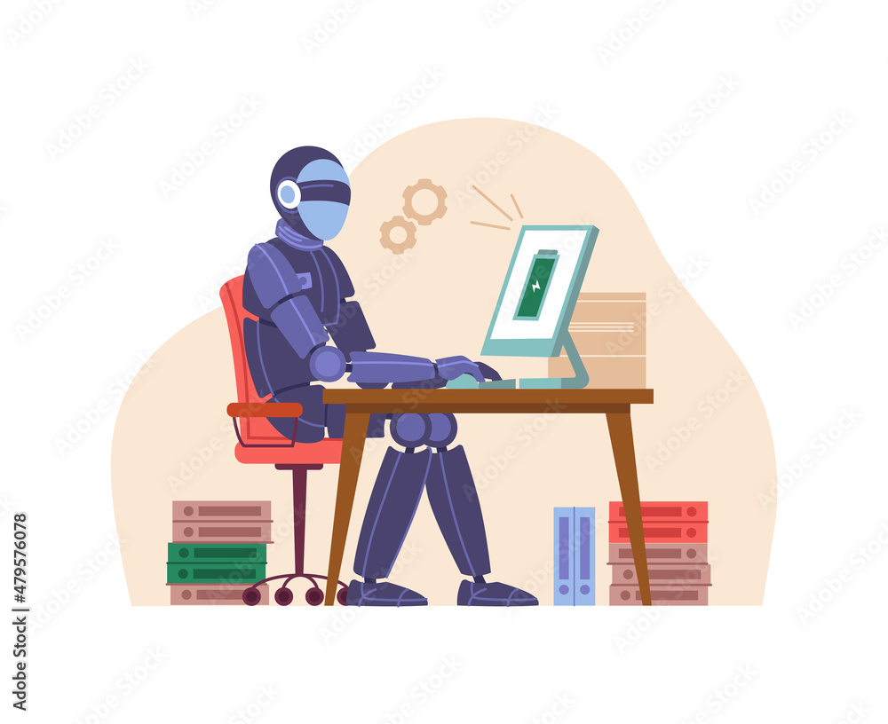 Fototapete Robot works tirelessly at computer isolated flat cartoon character. Vector automated superiority machine working a lot faster than businessman person, cyborg efficient work without tiredness