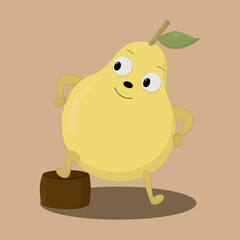 cheerful yellow pear stands hands on hips on a light brown background